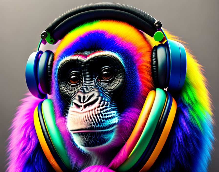 Colorful Monkey with Oversized Headphones and Neon-like Fur