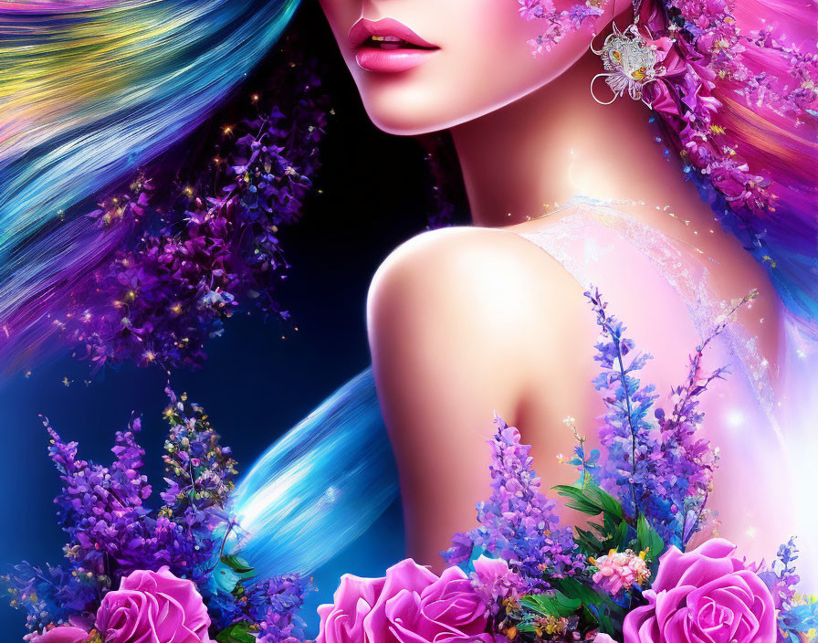 Colorful Woman with Flower Adornments and Cosmic Background