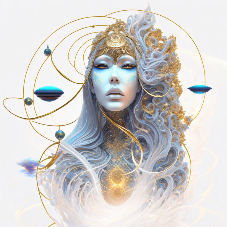 Golden headpieces and celestial motifs on serene figure with orbs and rings