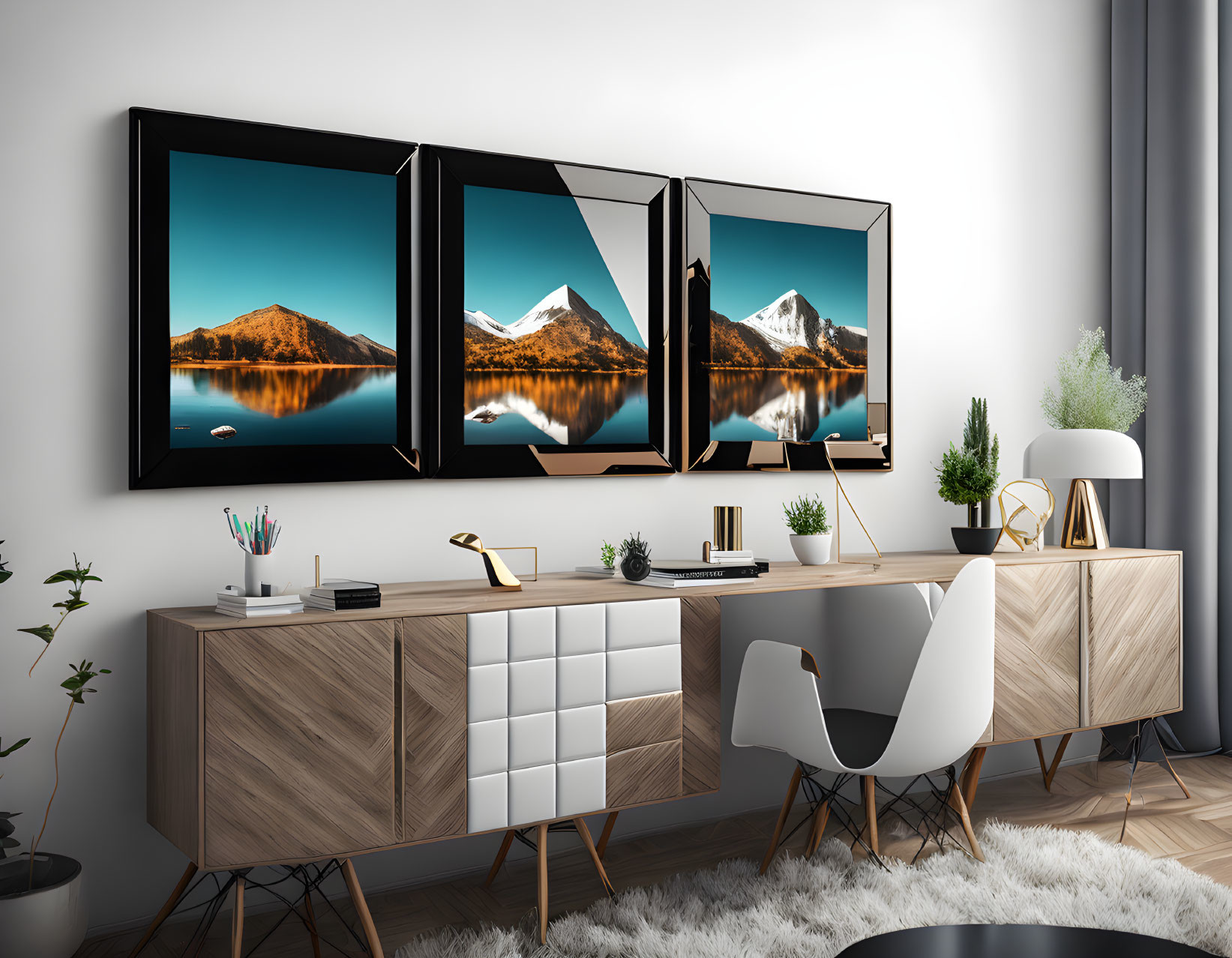 Contemporary Living Room Decor with Mountain Landscape Triptych Art, Wooden Sideboard, Elegant Chair,