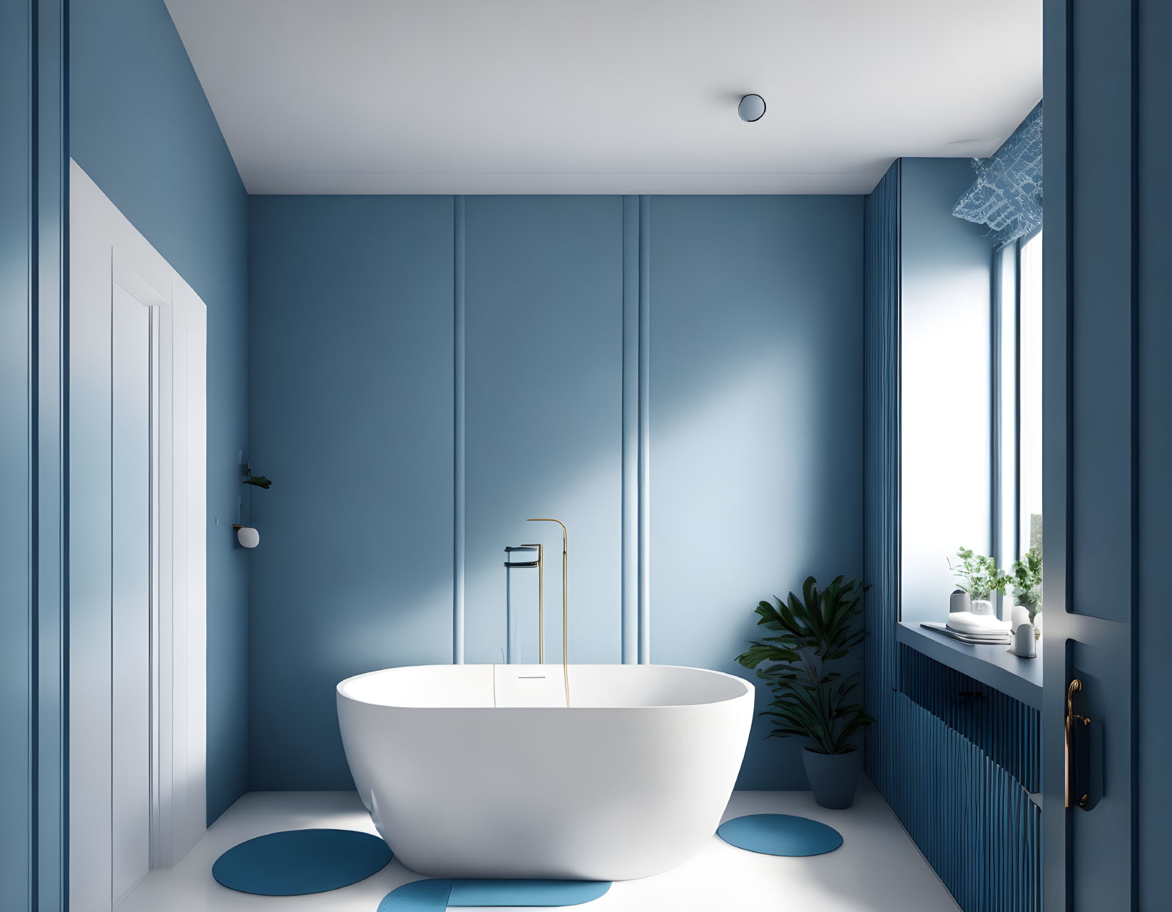 Modern bathroom with freestanding bathtub, blue walls, plant, and natural light.