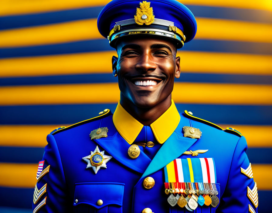 Colorful ceremonial military uniform man with medals on blue and yellow background