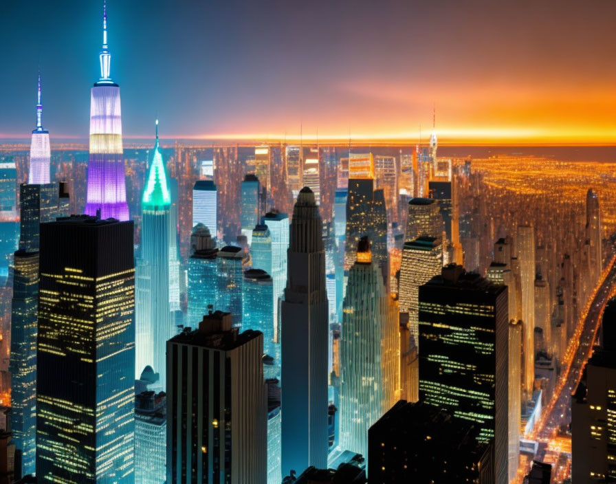 Cityscape with illuminated skyscrapers under orange gradient sky, featuring tower with blue-lit spire