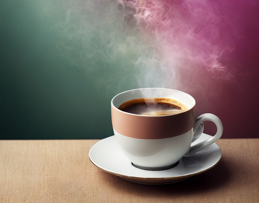 Steaming cup of coffee on saucer with pink and white swirls on green and black background