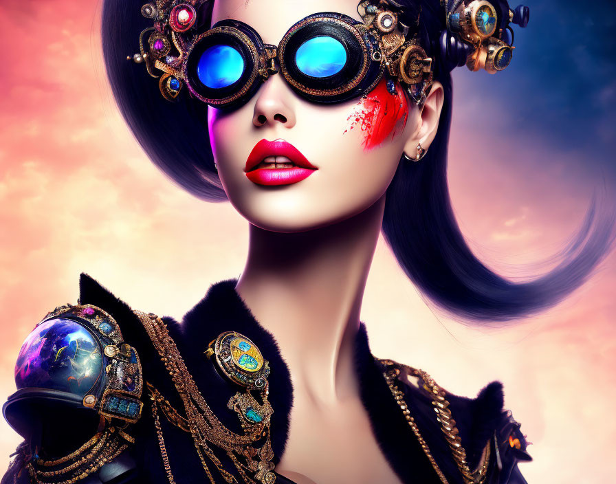 Vibrant steampunk-inspired woman portrait on pink and blue backdrop