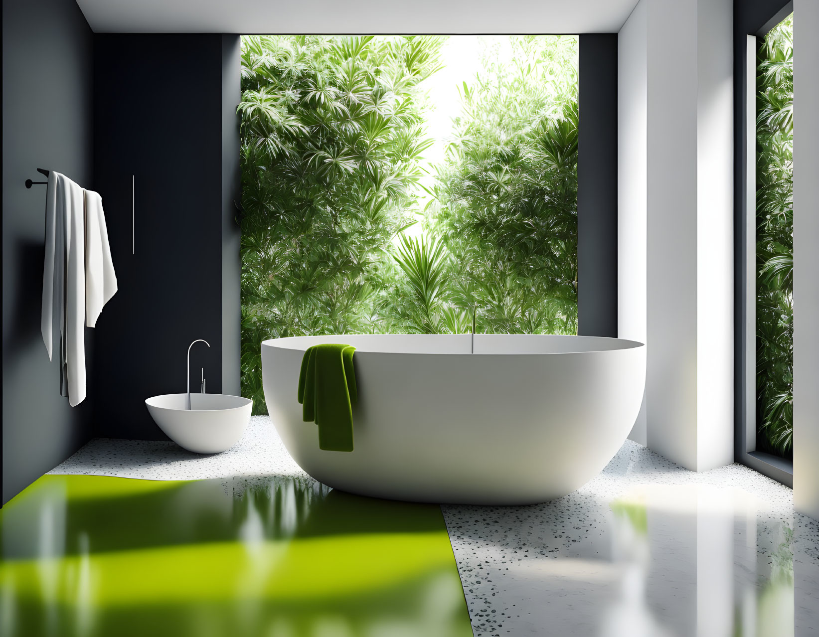 Modern Bathroom with Freestanding White Bathtub and Green Garden View