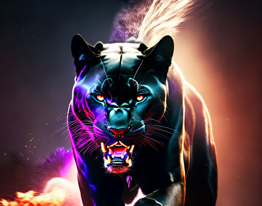 Black Panther with Neon Blue Highlights on Fiery Background