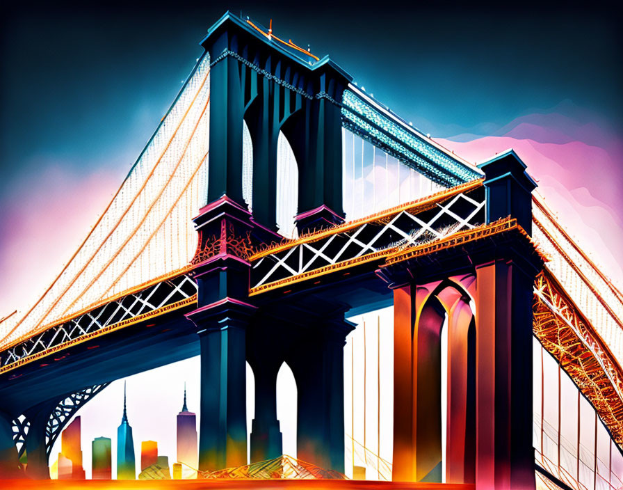 Colorful Brooklyn Bridge illustration with NYC skyline silhouette at dusk