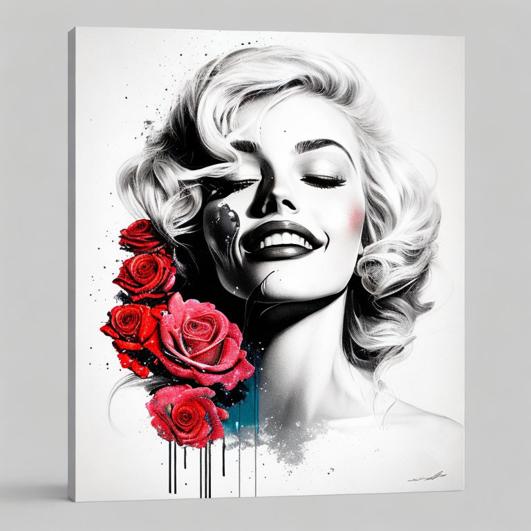 Monochromatic artwork featuring smiling woman with red roses on canvas