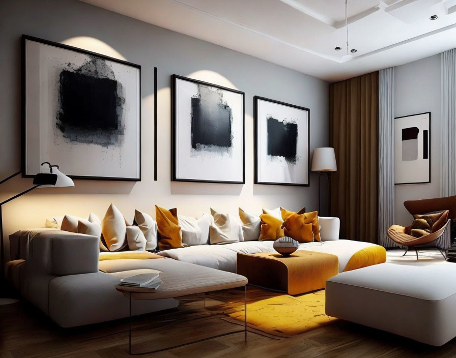 Modern living room with yellow cushions, abstract art, glass table & ambient lighting