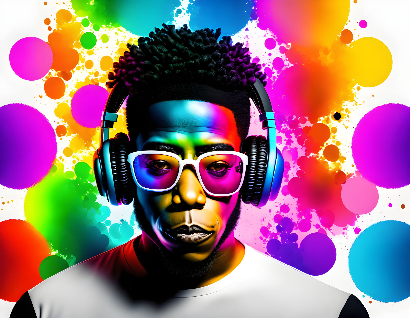 Colorful artwork featuring person with headphones and sunglasses amid vibrant paint splatters