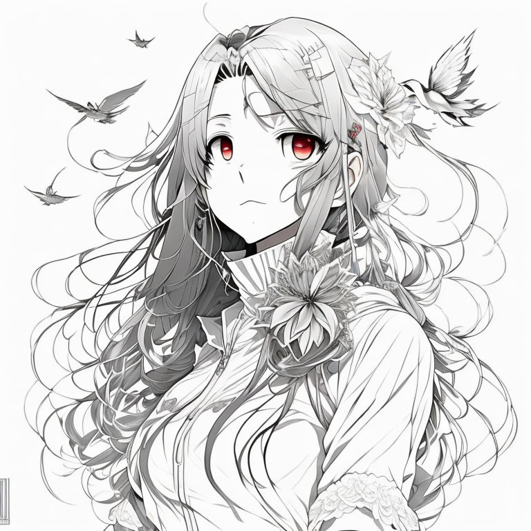 Monochrome illustration of woman with long flowing hair and red eyes, adorned with floral and feather accessories,