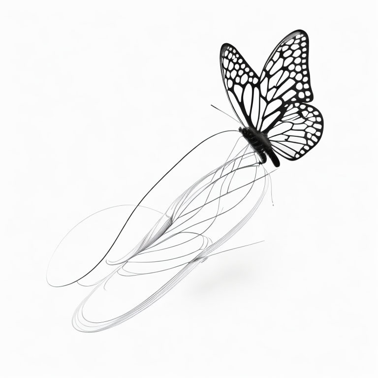 Stylized black and white butterfly with swirling lines on white background