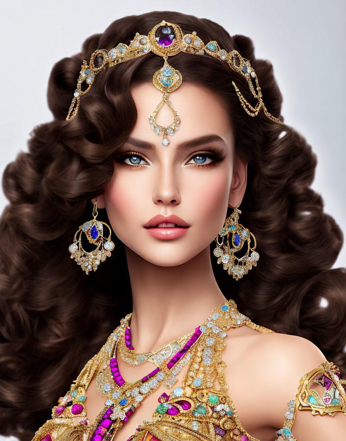 Illustration of woman with voluminous curly brown hair and ornate golden jewelry.