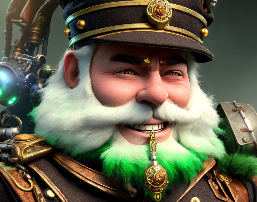 White-bearded animated character in steampunk military uniform with monocle and medallion