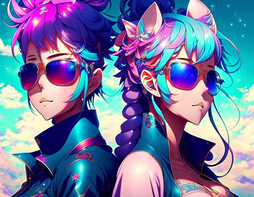 Anime characters with blue and pink hair in futuristic sunglasses under blue sky