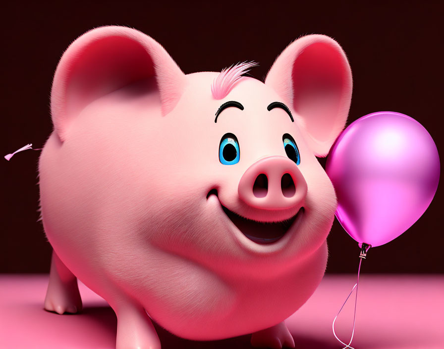 Pink animated pig with purple balloon on brown background
