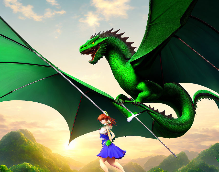 Green Dragon and Girl with Sword on Cliff at Sunset