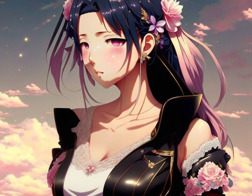 Long Purple-Haired Anime Girl in Black Outfit on Pink Cloud Background