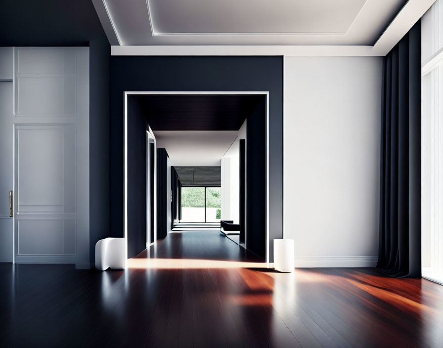 Minimalist hallway with white walls, dark wood floors, and symmetrical doorways.