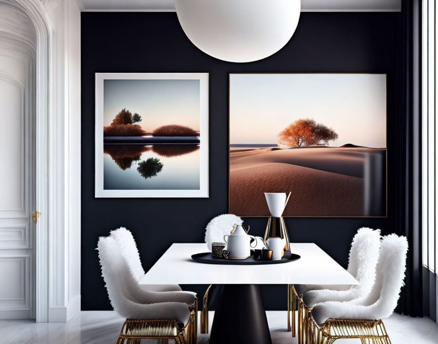 Modern dining area with black table, plush chairs, pendant light, and landscape photographs.