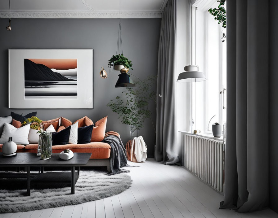 Modern Living Room with Gray Walls, Terracotta Sofa, Black Coffee Table, White Floors, Large