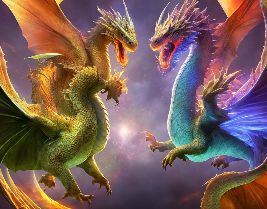 Two colorful dragons clash in cosmic sky with stars.