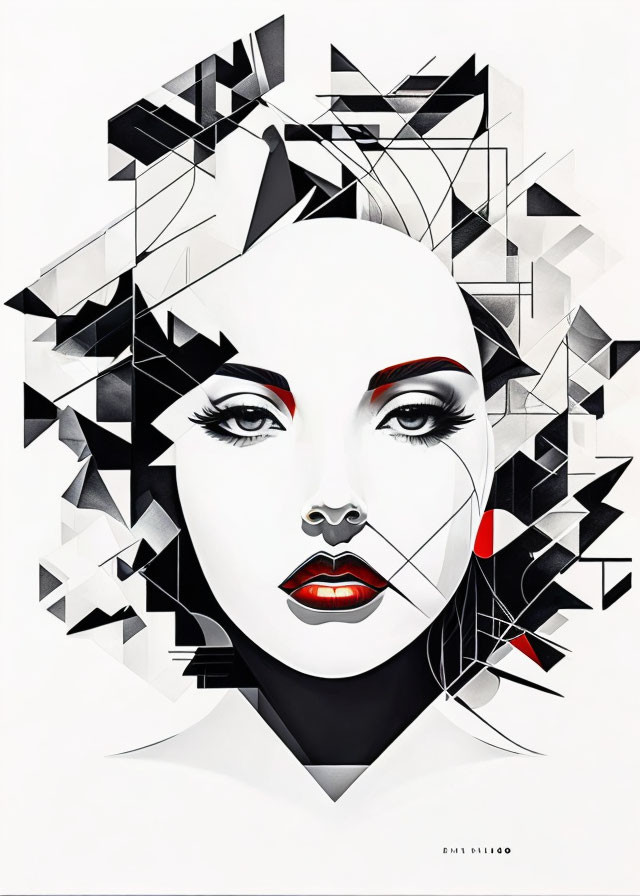 Monochromatic Abstract Artwork of Woman's Face with Geometric Shapes and Red Accents