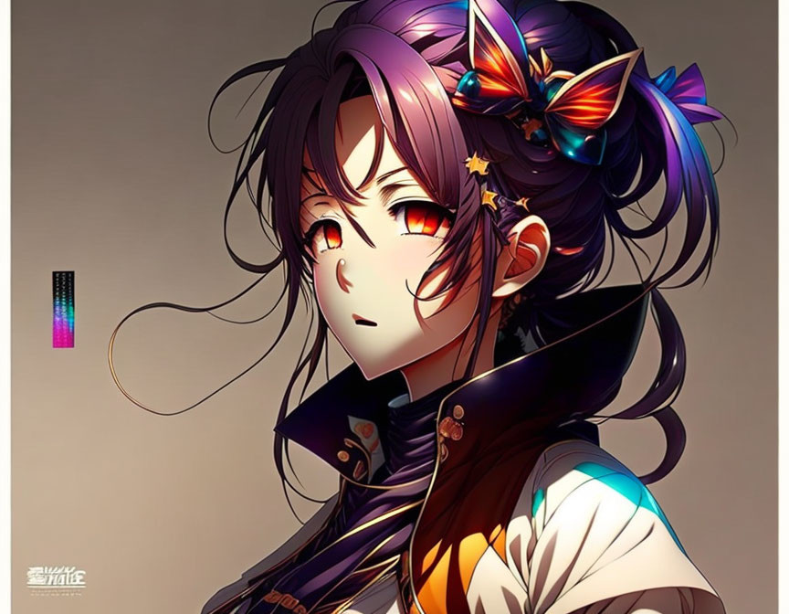 Anime-style girl with red eyes, dark hair, and colorful bow in detailed outfit