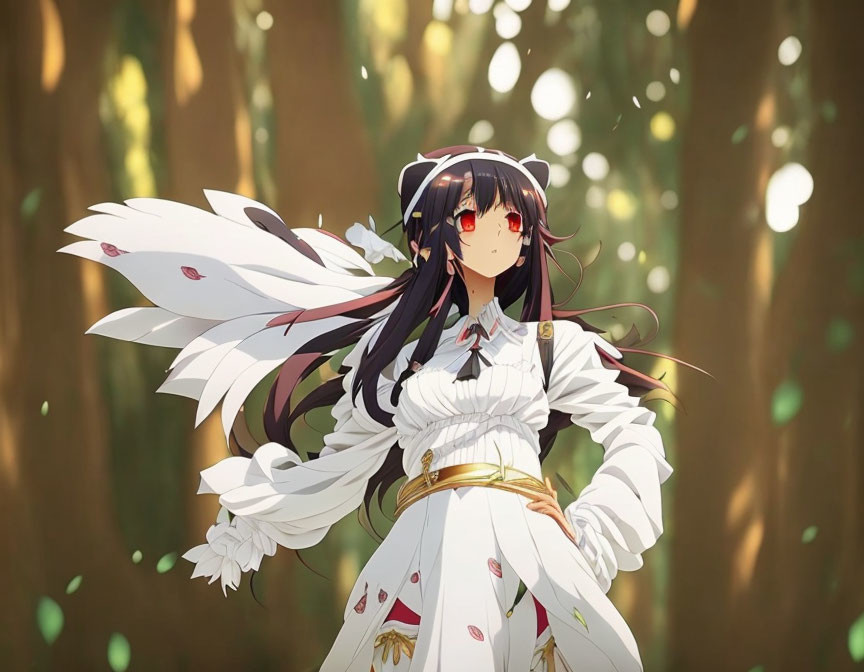 Anime character in white traditional outfit in sunlit forest