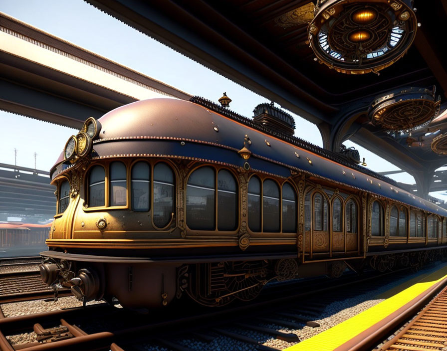 Vintage-style ornate train parked at station with steampunk elements