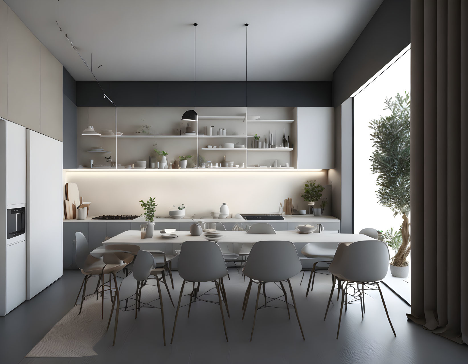 Minimalist Modern Kitchen Interior with White Cabinets and Grey Dining Area