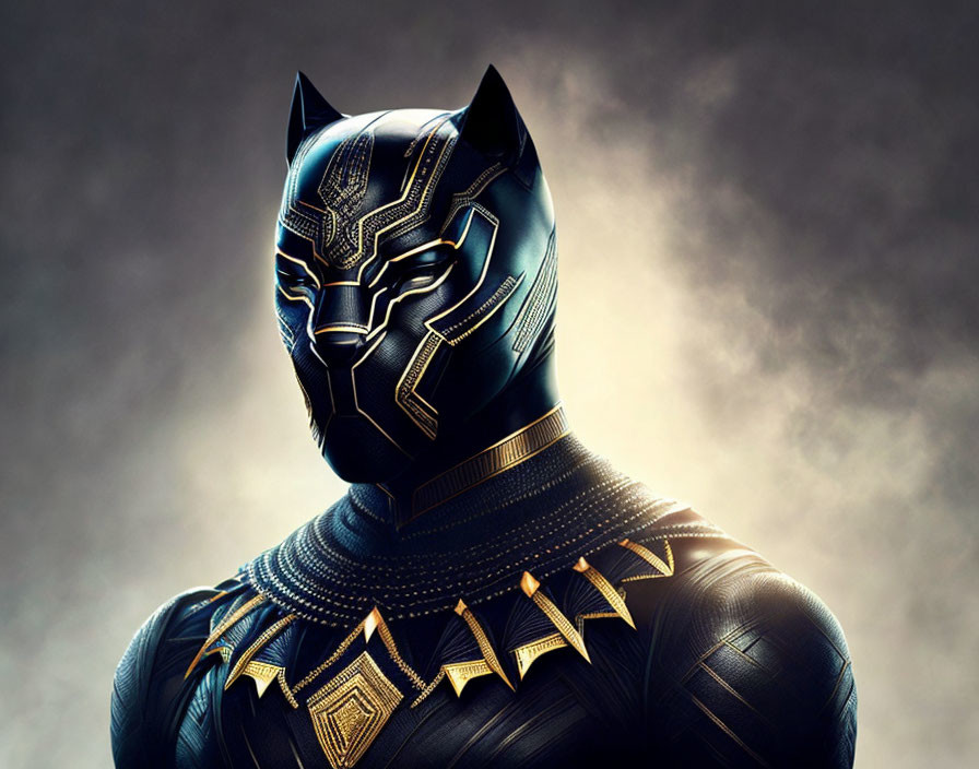 Detailed Black Panther Costume with Golden Accents Against Misty Background