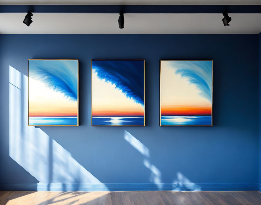 Abstract Seascape Triptych on Dark Blue Wall with Geometric Shadows