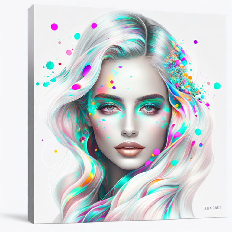 Vibrant neon colors adorn woman's flowing hair in digital artwork