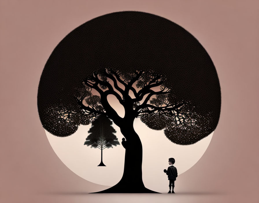 Silhouette of intricate tree branches with boy standing underneath