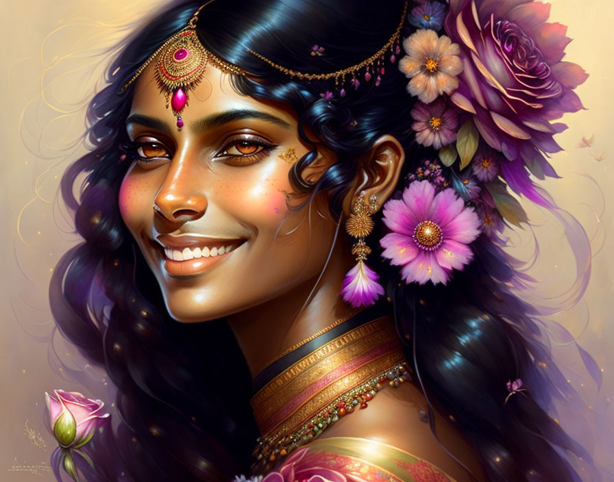 Smiling woman with dark hair and Indian jewelry in warm golden tones