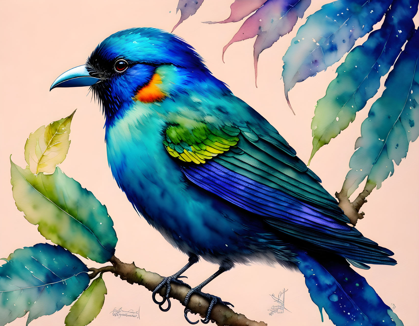 Vibrant Blue Bird Illustration with Green Wings on Branch