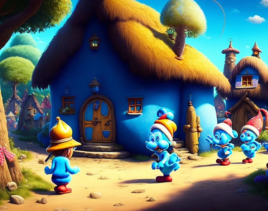 Vibrant Smurfs illustration in enchanting village landscape