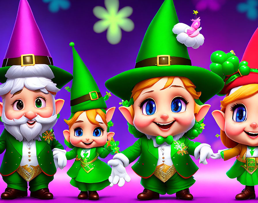 Four animated leprechauns in green outfits with clover accents on purple background, one with white