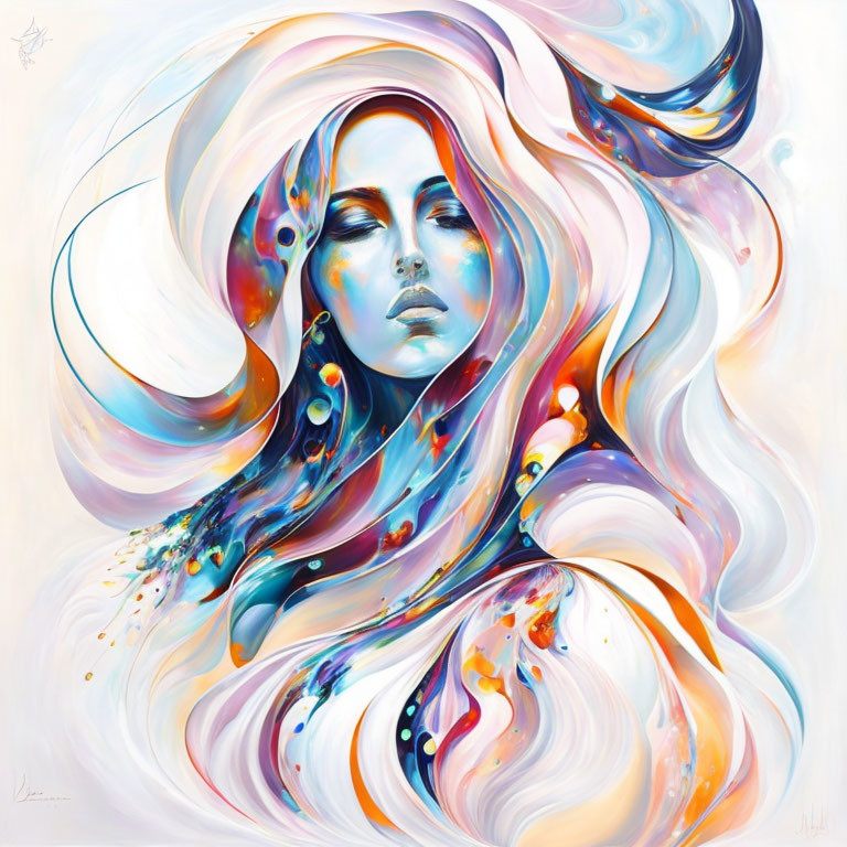 Vibrant abstract painting of woman's face with swirling patterns