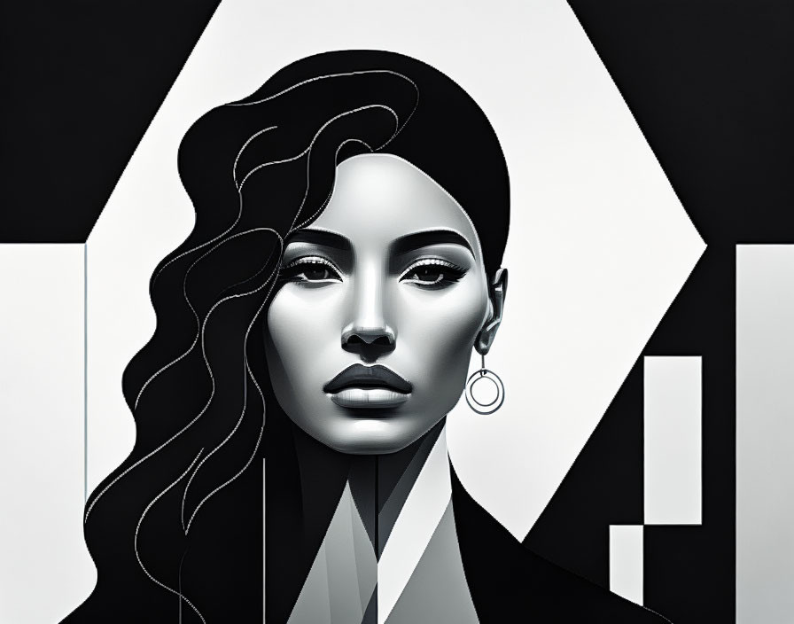 Monochrome stylized woman with flowing hair and bold makeup against abstract geometric background