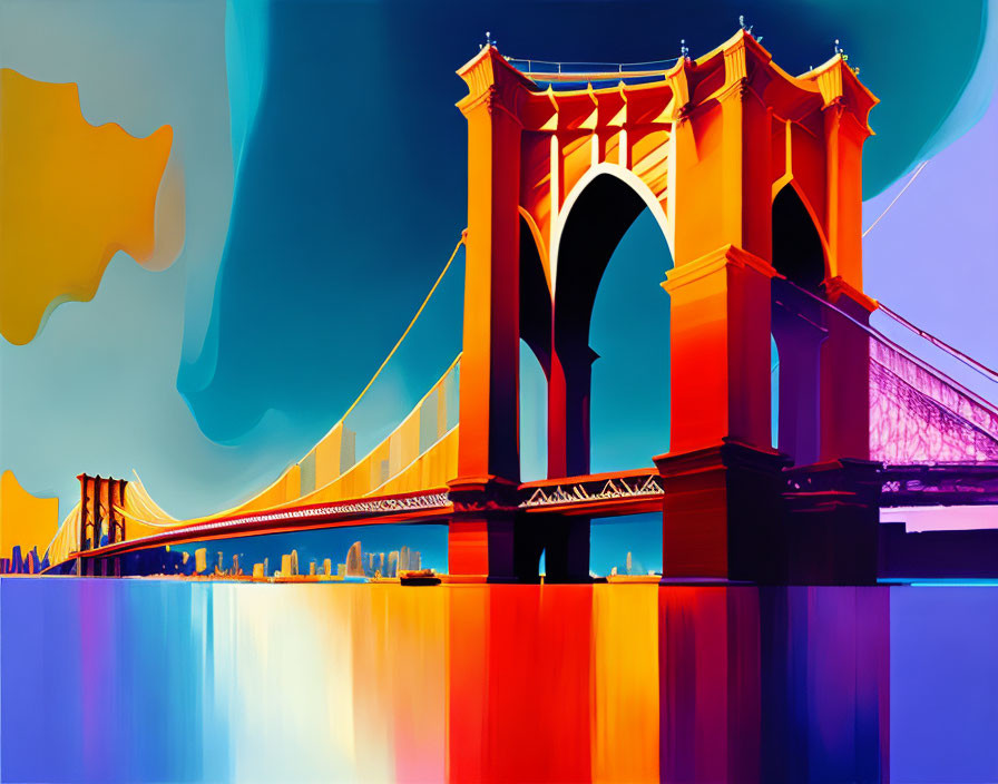 Vibrant abstract artwork of Golden Gate Bridge with mirrored water and surreal sky