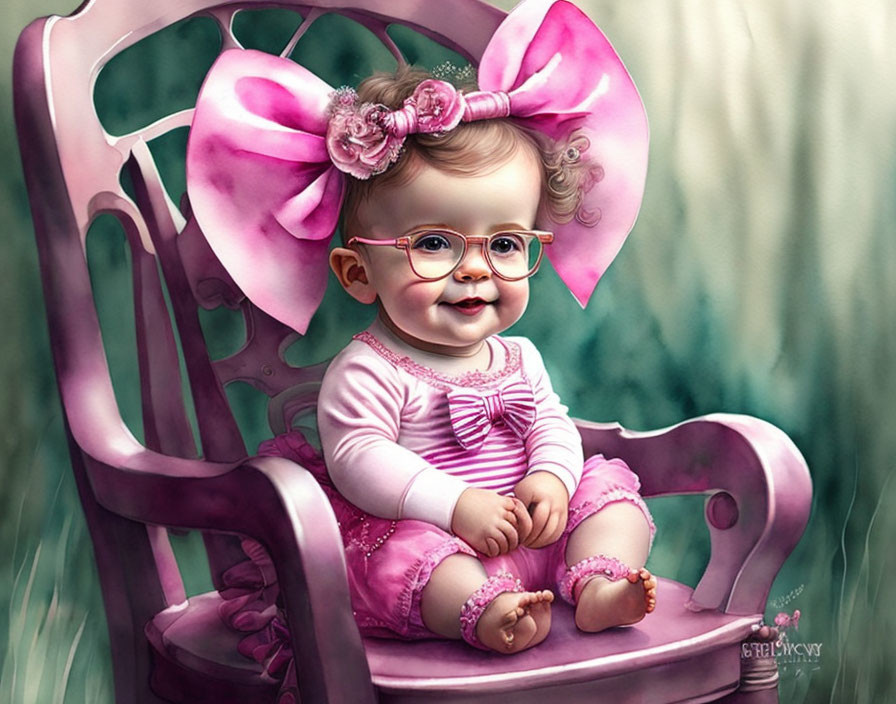 Adorable Baby with Glasses in Pink Outfit and Bow