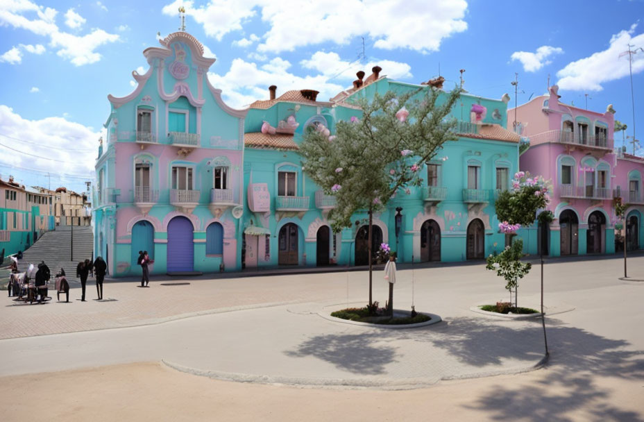 Ornate Pastel Buildings and Blooming Trees in a Square