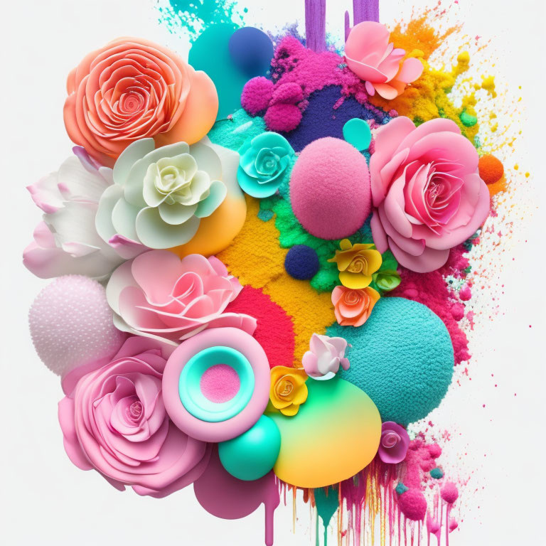 Colorful Collage of Artificial Flowers, Spheres, and Paint Splashes