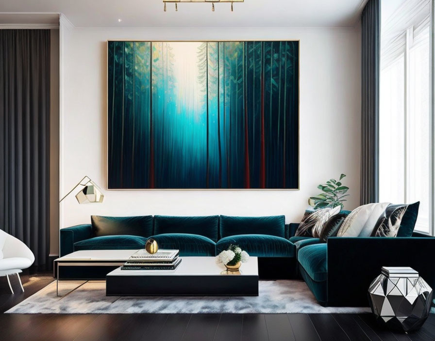 Spacious modern living room with blue sofa, white table, geometric decor, and forest art