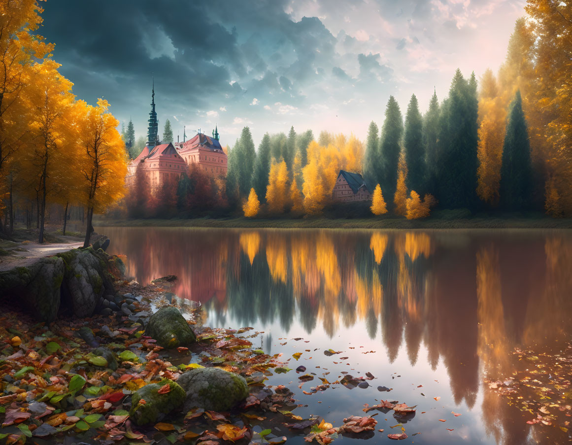 Tranquil autumn landscape with castle by reflective lake