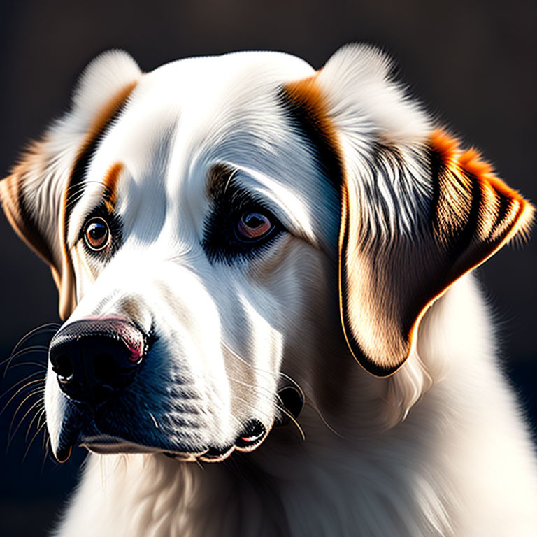 White and Tan Dog with Soulful Eyes and Black Nose in Warm Sunlight