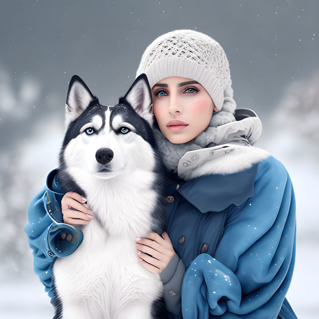 Woman in Winter Attire Cuddling Siberian Husky in Snowy Setting